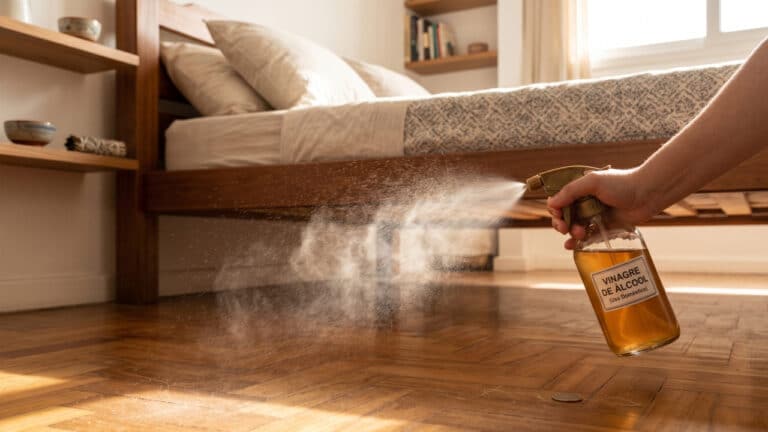 Pessoa borrifando vinagre de álcool embaixo da cama