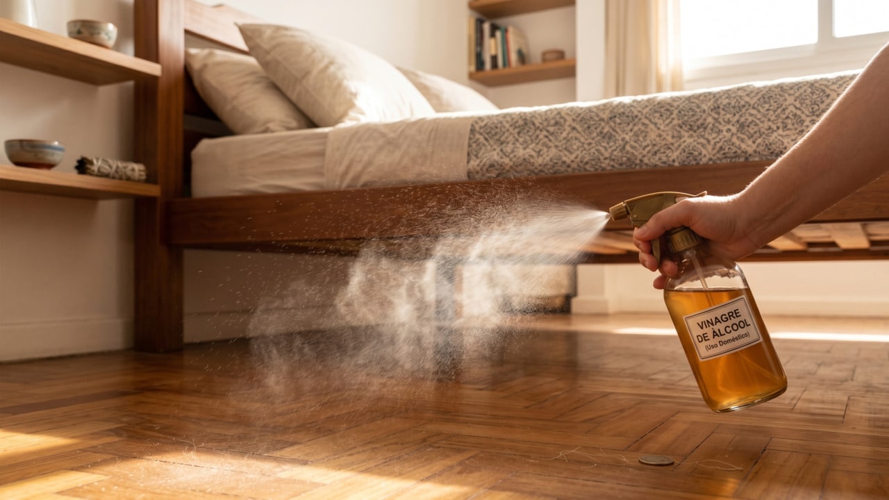Pessoa borrifando vinagre de álcool embaixo da cama