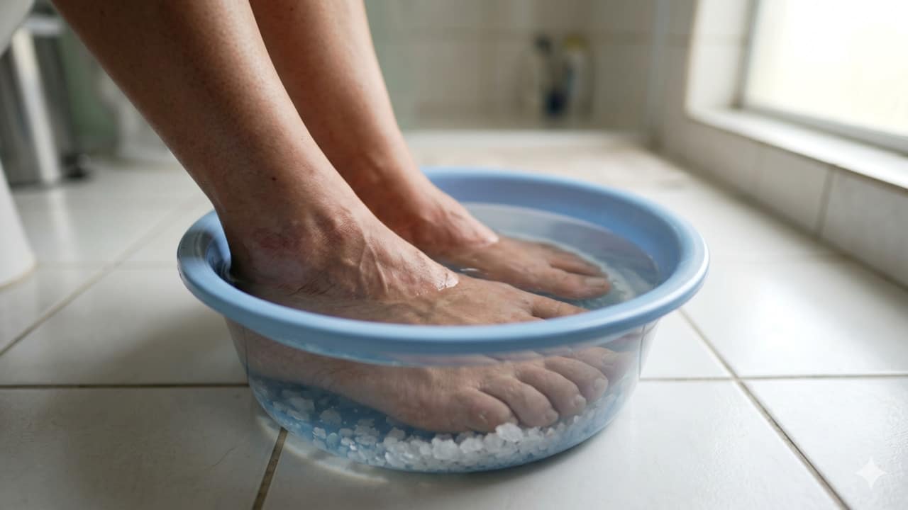 Pessoa com os pés na água com sal grosso e bicarbonato