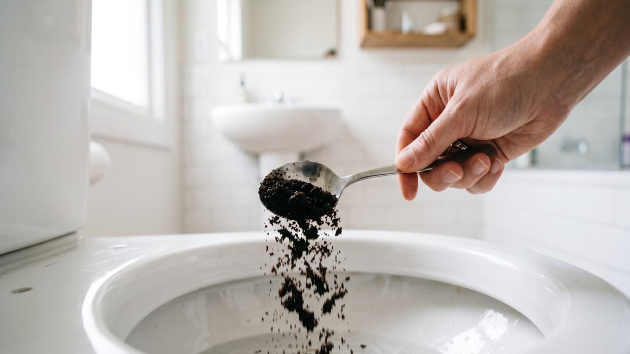 Pessoa despejando borra de café usada com colher no vaso sanitário