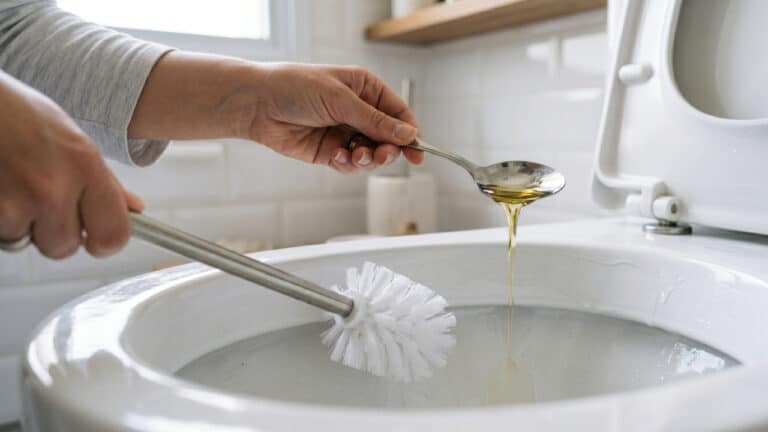 Pessoa despejando uma colher de óleo no vaso sanitário para limpeza do esmalte
