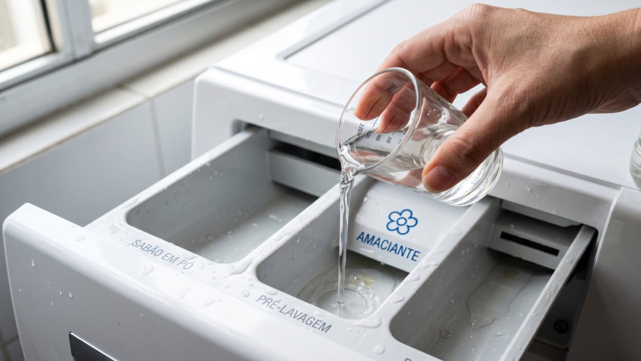 Pessoa despejando vinagre no dispenser da máquina de lavar roupas