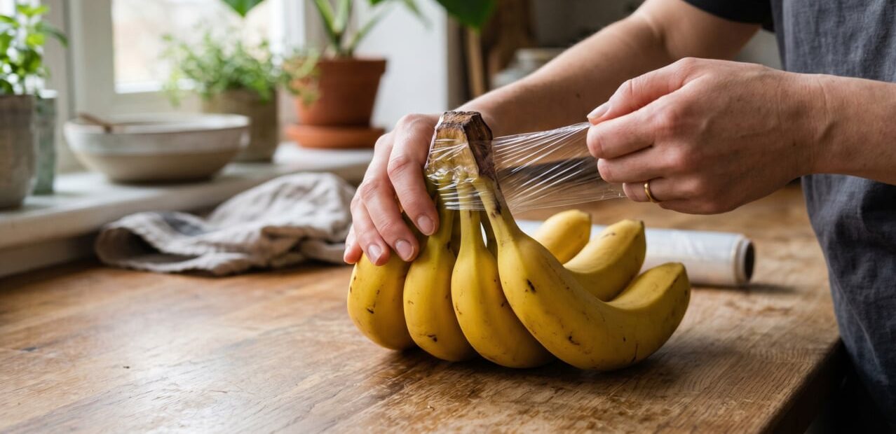 Pessoa envolvendo bananas em plástico filme