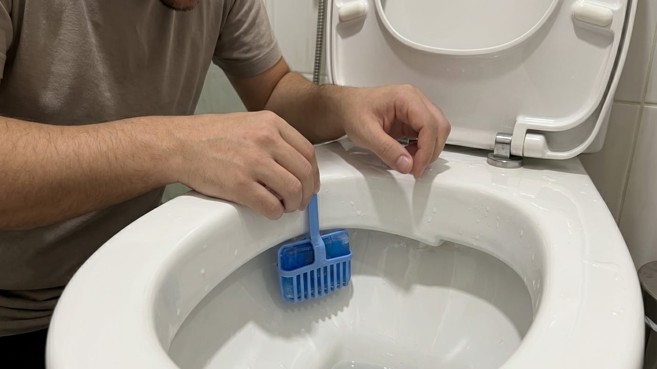 Pessoa instalando aromatizador de vaso sanitário