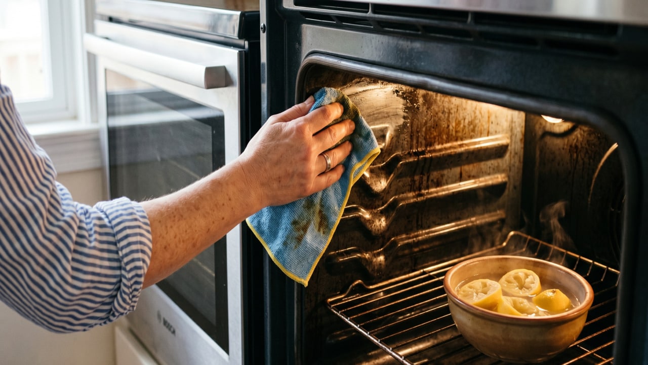 Pessoa limpando forno do fogão facilmente com pano umedecido após aplicação do limão no interior