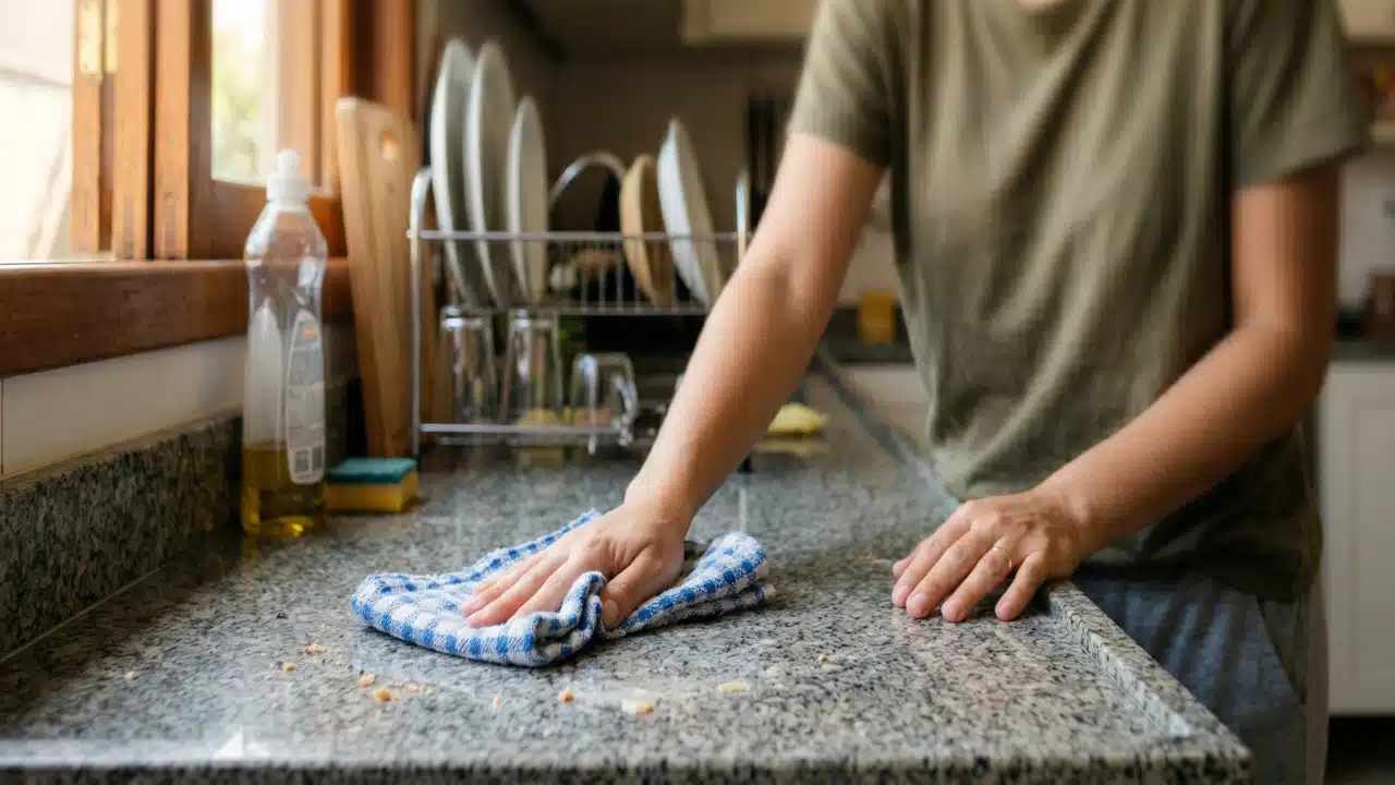 Pessoa limpando pia da cozinha com pano umedecido