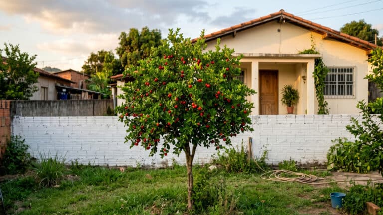 Pitangueira próxima a muro de casa