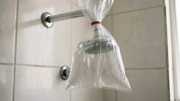 Chuveiro de metal envolto por um saco plástico transparente preenchido com líquido, preso firmemente ao cano por um elástico vermelho, contra uma parede de azulejos claros.