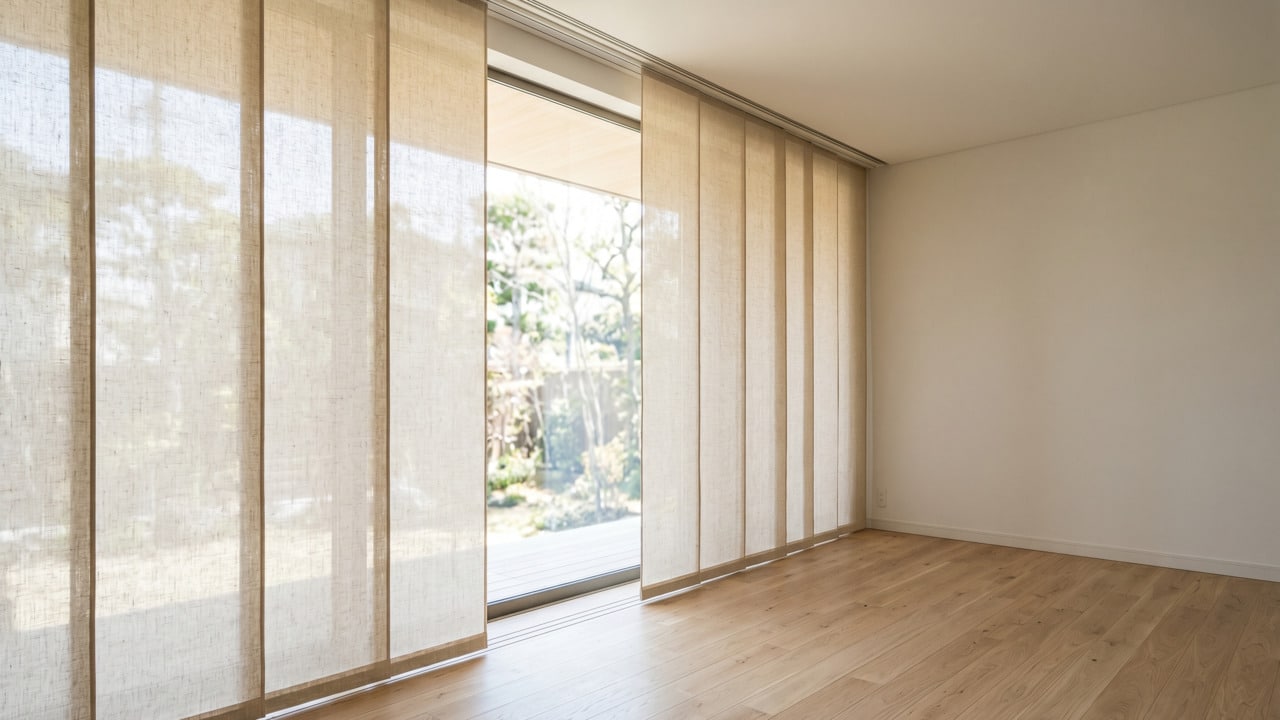 Sala de casa com painéis japoneses no lugar de cortinas