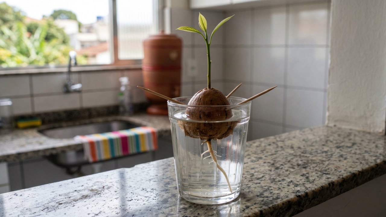 Semente de abacate germinando na água