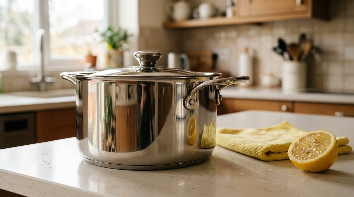 Panela de aço inox perfeitamente limpa e brilhante sobre uma bancada clara de cozinha, acompanhada de um pano amarelo e metade de um limão fresco.