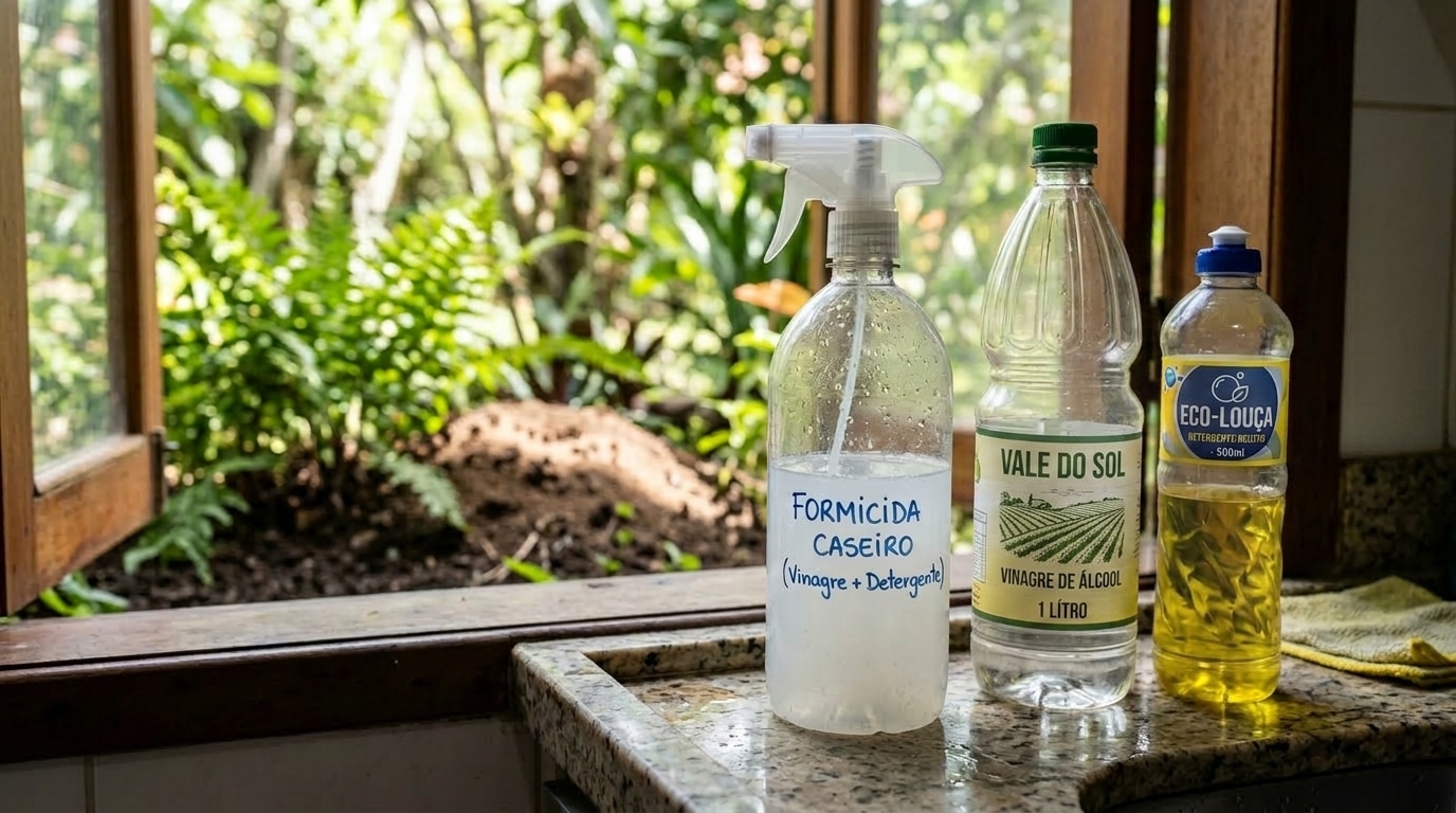 Garrafa borrifadora com rótulo escrito formicida caseiro (vinagre + detergente), ao lado de frascos de vinagre de álcool e detergente neutro em uma bancada de pia de granito, com vista para o jardim.