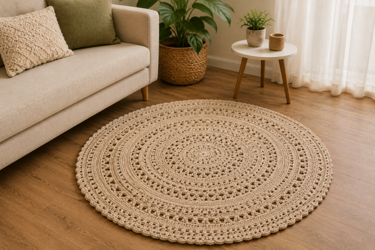 Tapete redondo de crochê bege em sala aconchegante com decoração natural e estilo artesanal moderno