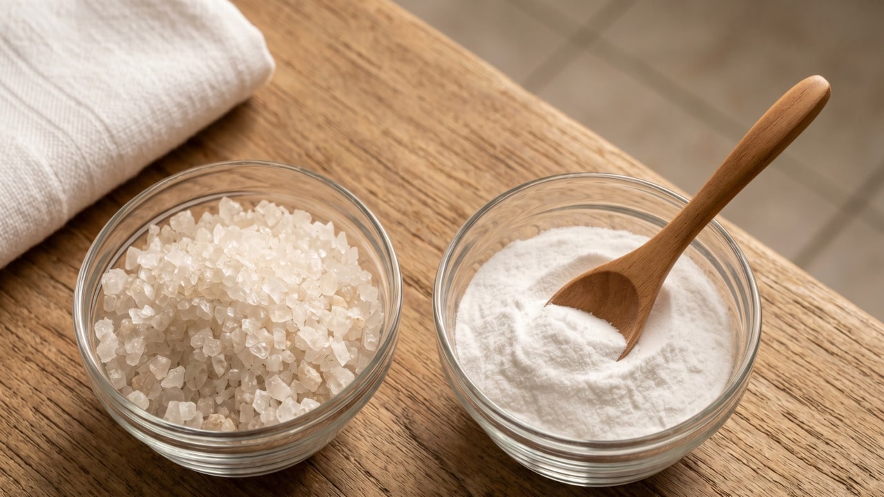Tigelas com sal grosso e bicarbonato de sódio