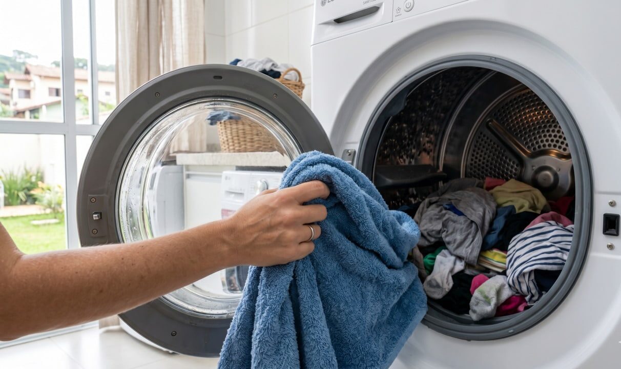 Toalha seca na secadora de roupas