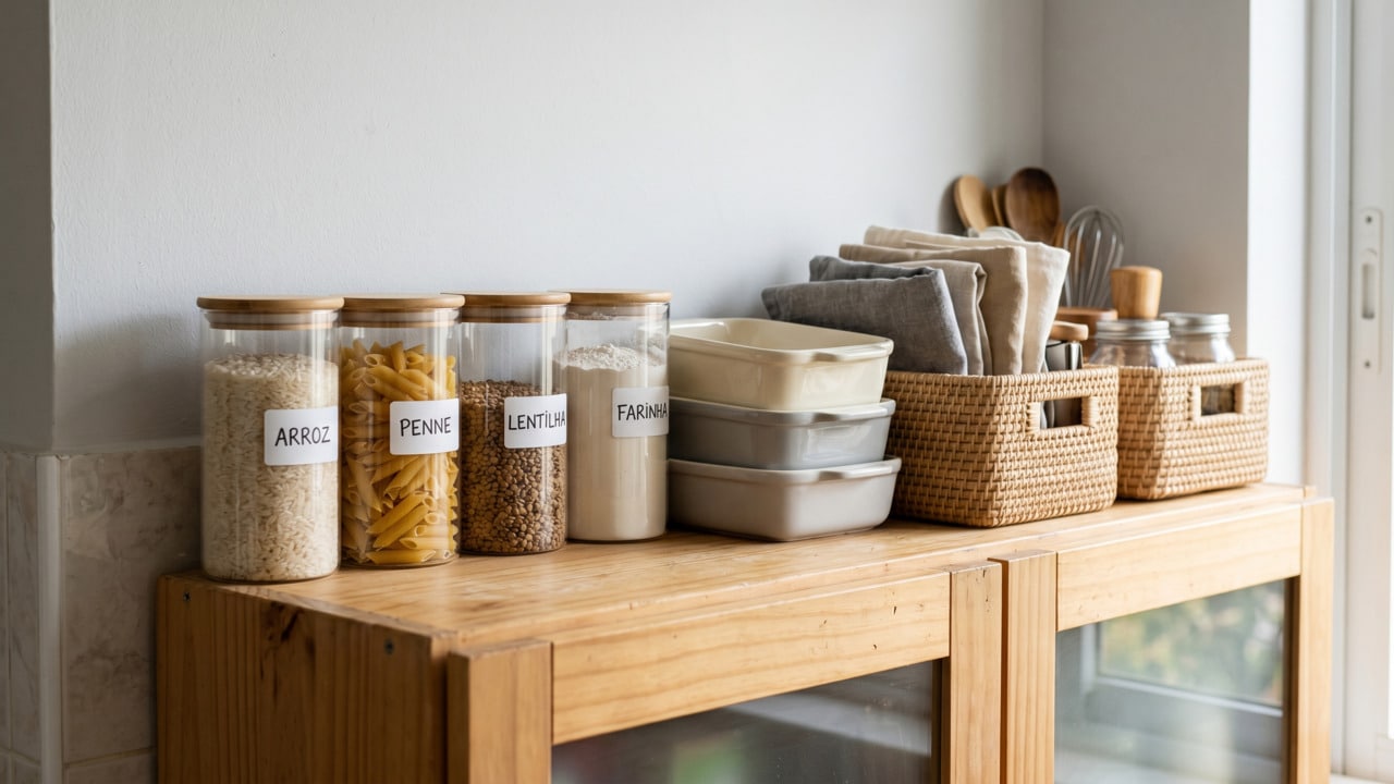 Topo do armário de cozinha com os melhores itens ocupando este espaço para livrar a bancada e organizar o ambiente
