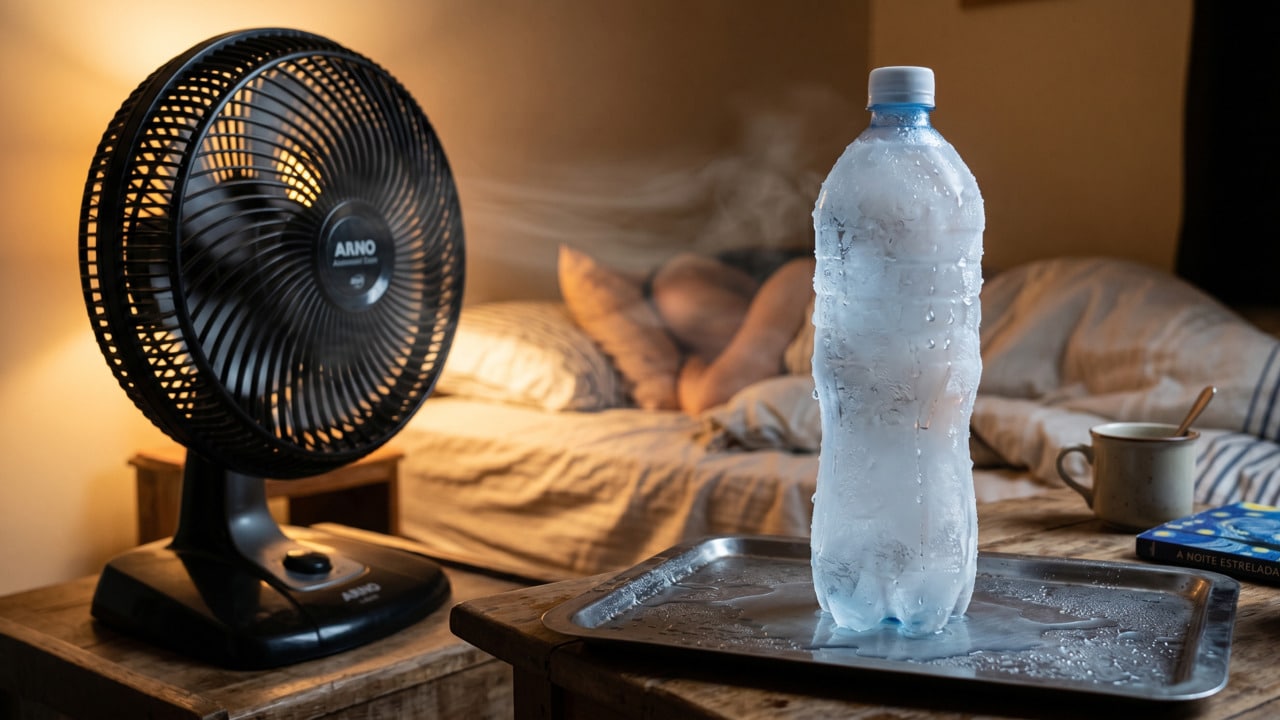 Truque com garrafa de água em frente ao ventilador