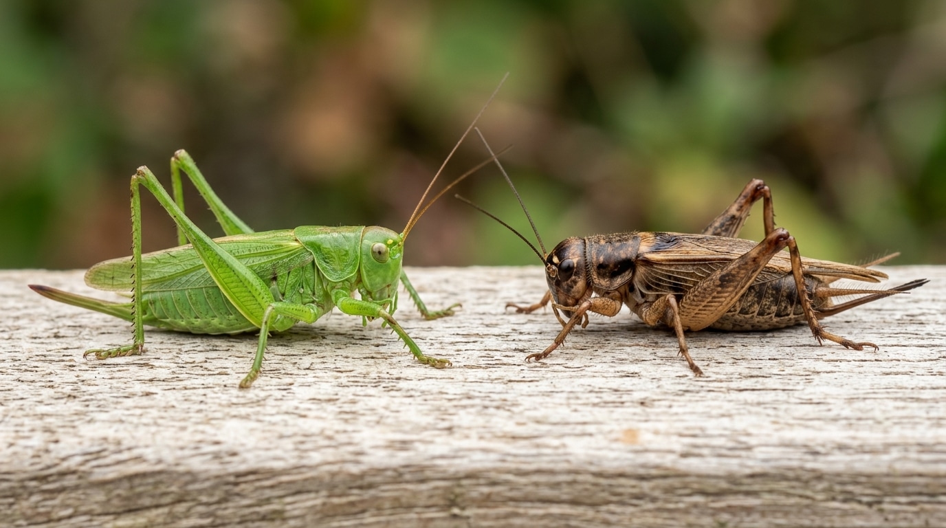 Macro fotografia de um gafanhoto verde brilhante e um grilo marrom posicionados frente a frente sobre uma superfície rústica de madeira, com fundo verde desfocado.