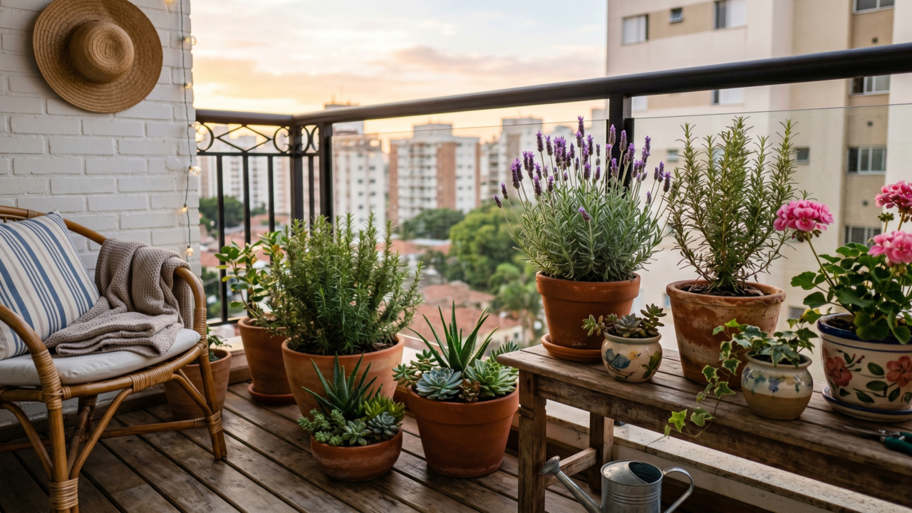 Varanda de apartamento com plantas de vaso harmônicas com o ambiente