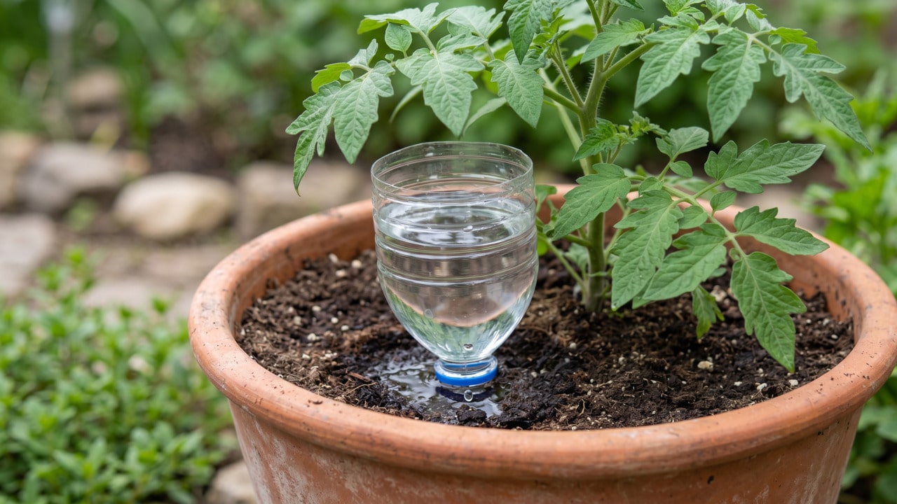 Vaso com hortaliça e garrafa pet posicionada para automatizar a irrgação