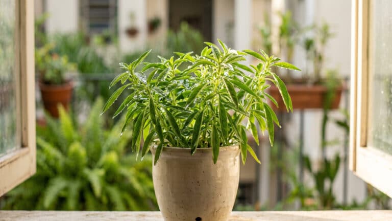 Vaso de cerâmica com manjericão-limão atuando como repelente natural contra mosquitos