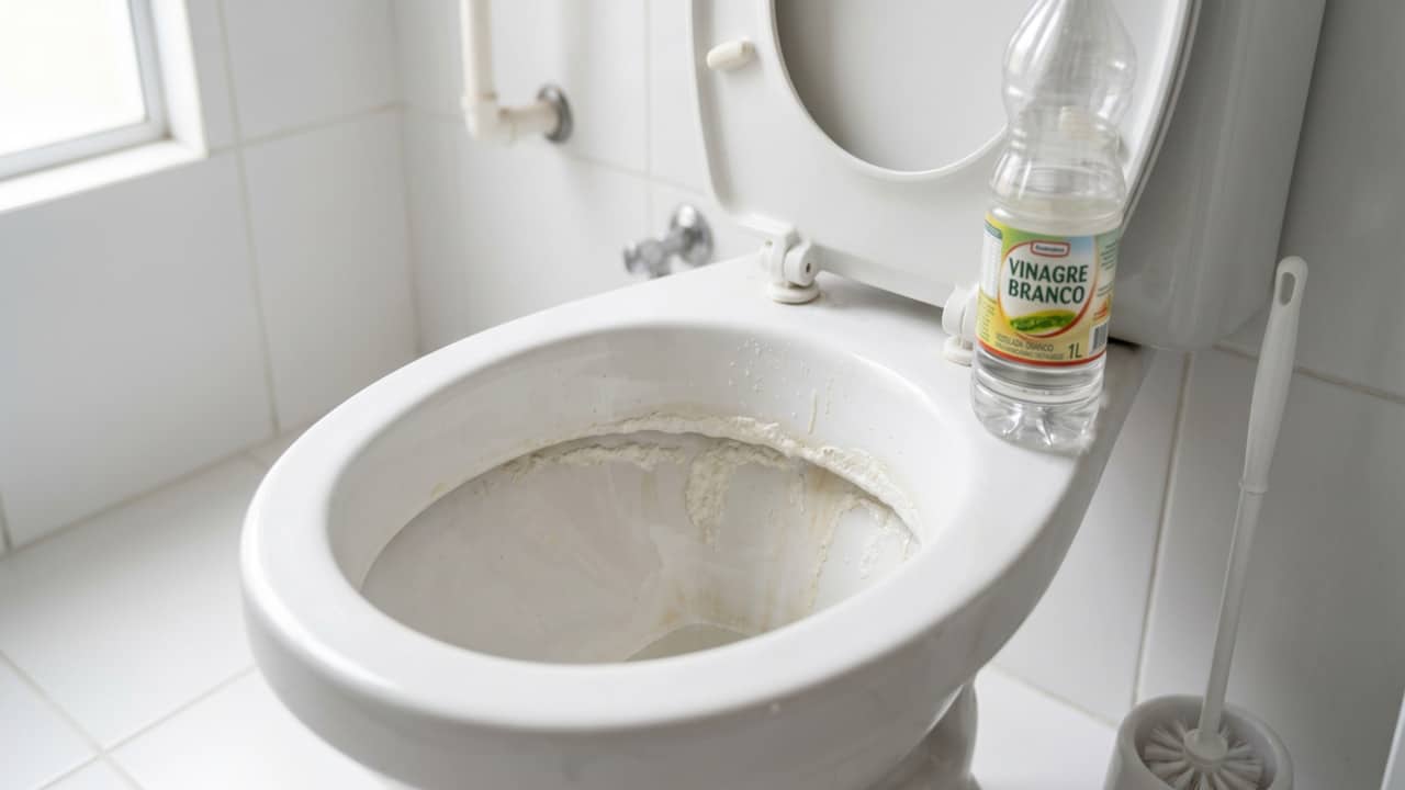 Vinagre branco agindo em manchas no vaso sanitário
