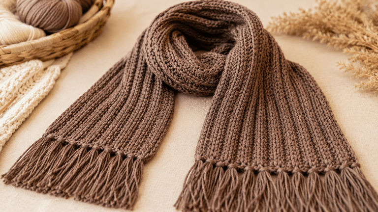 Cachecol de crochê marrom com franjas e ponto que imita tricô, ideal para iniciantes e perfeito para os dias frios de inverno.
