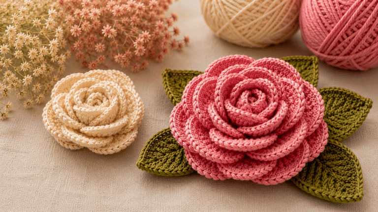 Rosa de crochê elegante em tons de rosa e creme sobre tecido bege com fios de algodão ao fundo e folhas em crochê delicadas.