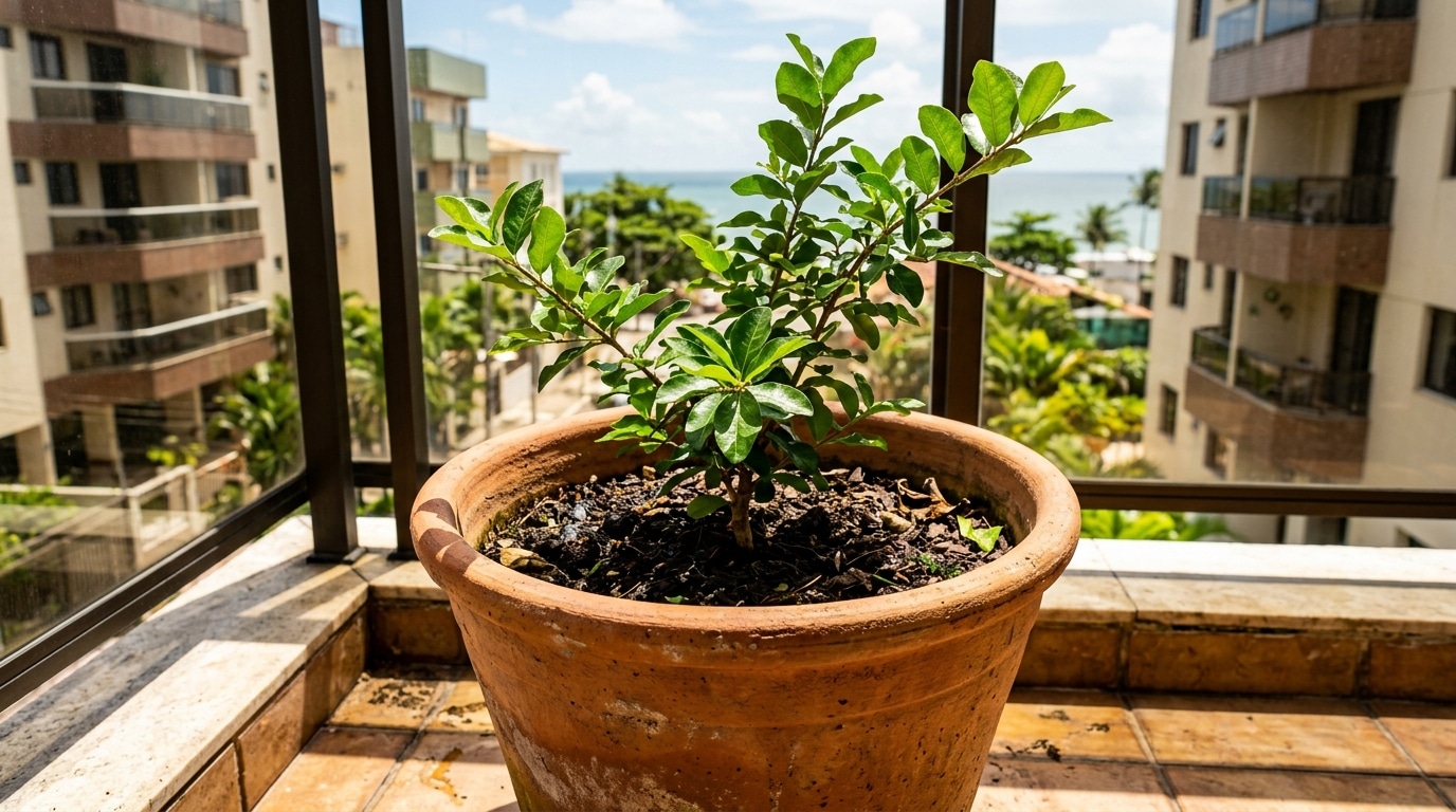 Pequena muda de aceroleira com folhas verdes plantada em um grande vaso de barro rústico, posicionada em uma varanda de apartamento iluminada pelo sol.