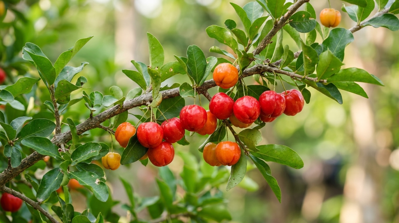 Galho de árvore frutífera com folhas verdes vibrantes e dezenas de acerolas agrupadas, variando entre tons de verde, laranja e vermelho intenso.