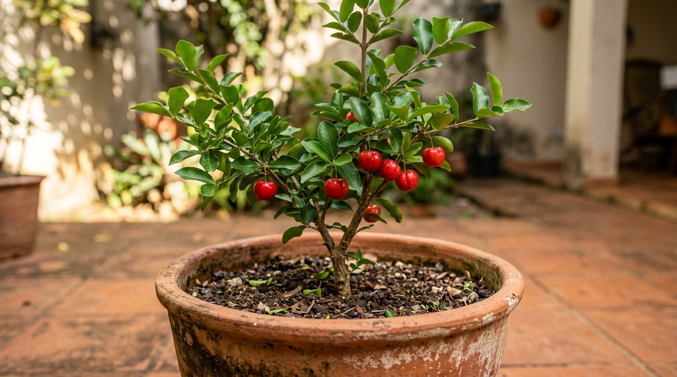 Um pequeno pé de acerola plantado em um vaso de cerâmica rústico, com folhas verdes e várias acerolas vermelhas maduras, posicionado no piso de terracota de um quintal ensolarado.