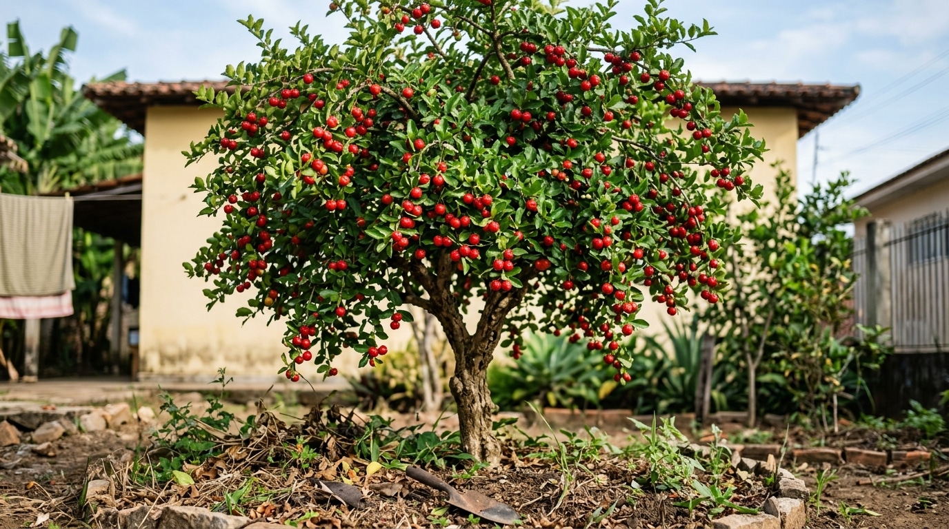 Árvore de acerola de copa cheia e arredondada, completamente repleta de pequenos frutos vermelhos, plantada na terra de um quintal residencial com uma pá de jardinagem próxima ao tronco.