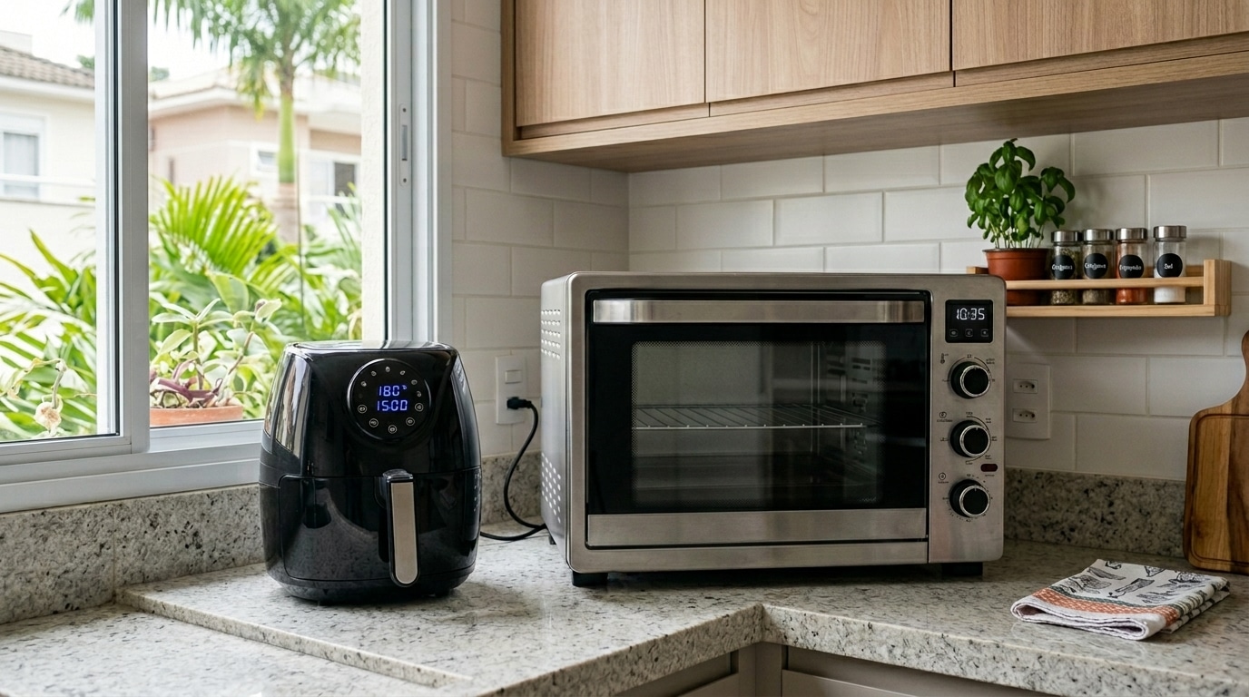 Fritadeira sem óleo (Air Fryer) preta com painel digital ligada ao lado de um forno elétrico de bancada em inox desligado, em uma cozinha clara.