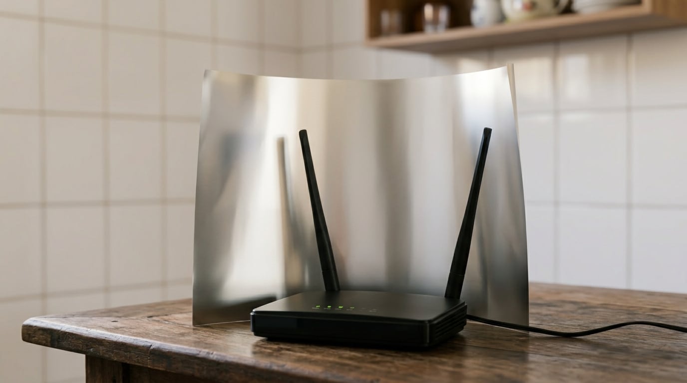 Um roteador Wi-Fi preto com duas antenas em uma mesa de madeira rústica, com uma folha curva e lisa de alumínio posicionada atrás.