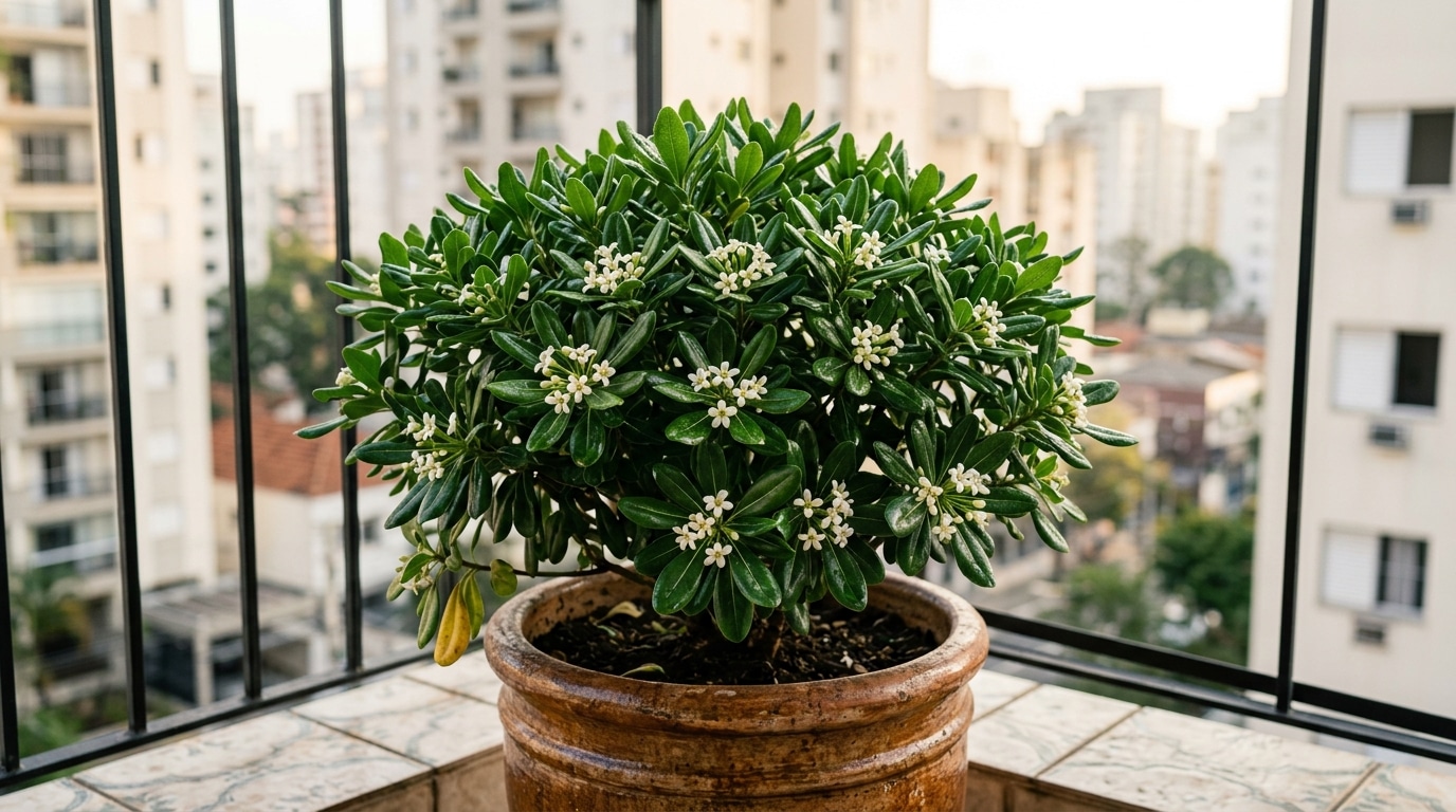 Arbusto denso com folhas verdes escuras e pequenas flores brancas em um vaso de cerâmica marrom na sacada de um apartamento.