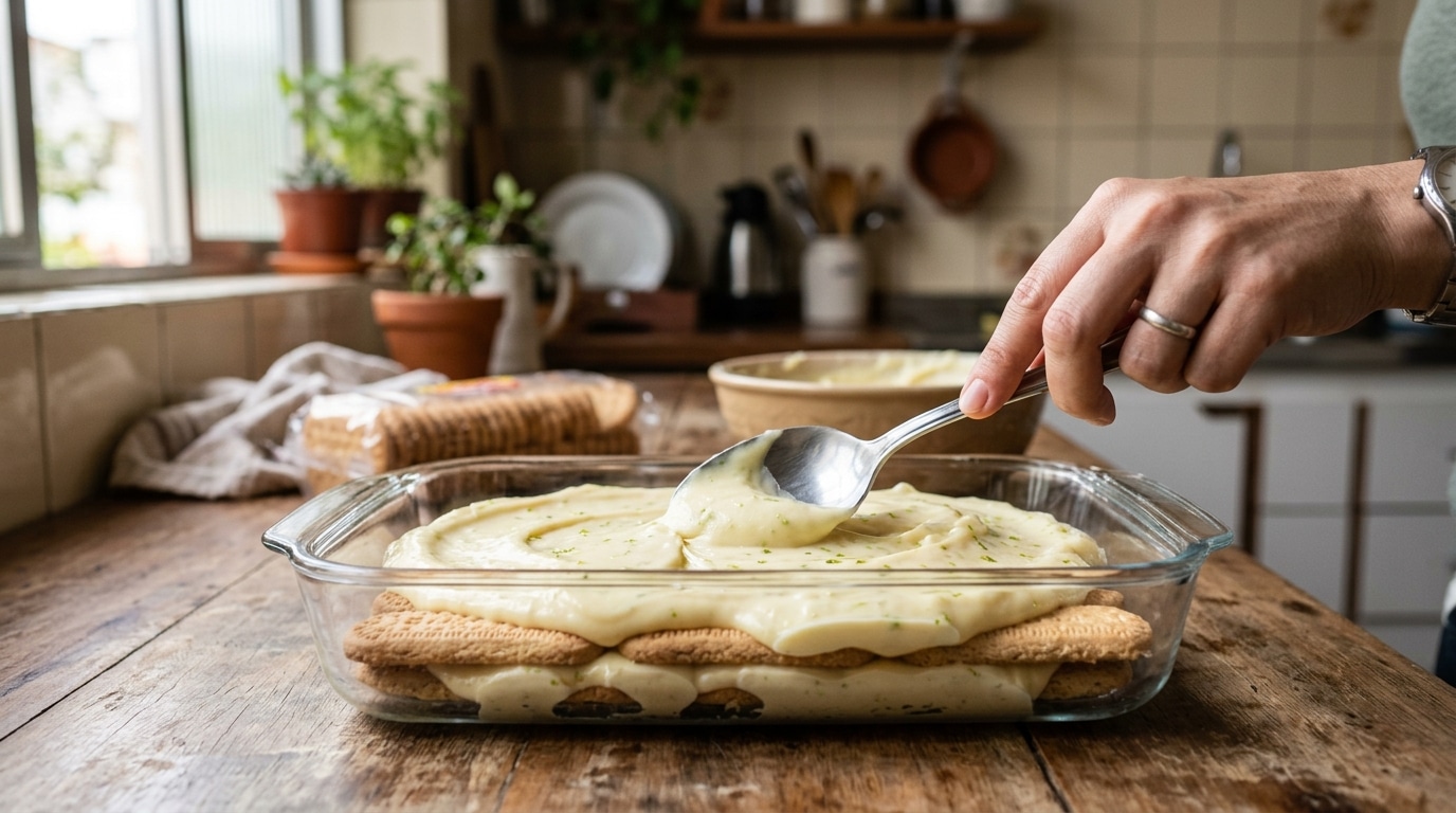 Mão segurando uma espátula para espalhar uniformemente o creme verde claro de limão sobre uma camada de biscoitos de maizena umedecidos, organizados no fundo de uma travessa de vidro quadrada.