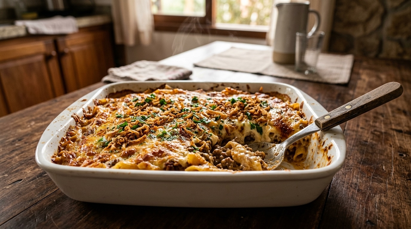 Travessa retangular branca sobre uma mesa de madeira rústica contendo macarrão de forno quente e fumegante. O prato possui uma crosta gratinada de queijo derretido, carne moída e ervas, com uma grande colher de metal retirando uma porção suculenta.