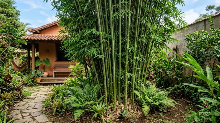 Touceira de bambu verde e alto no centro de um jardim tropical com caminho de pedras e uma casa rústica ao fundo.