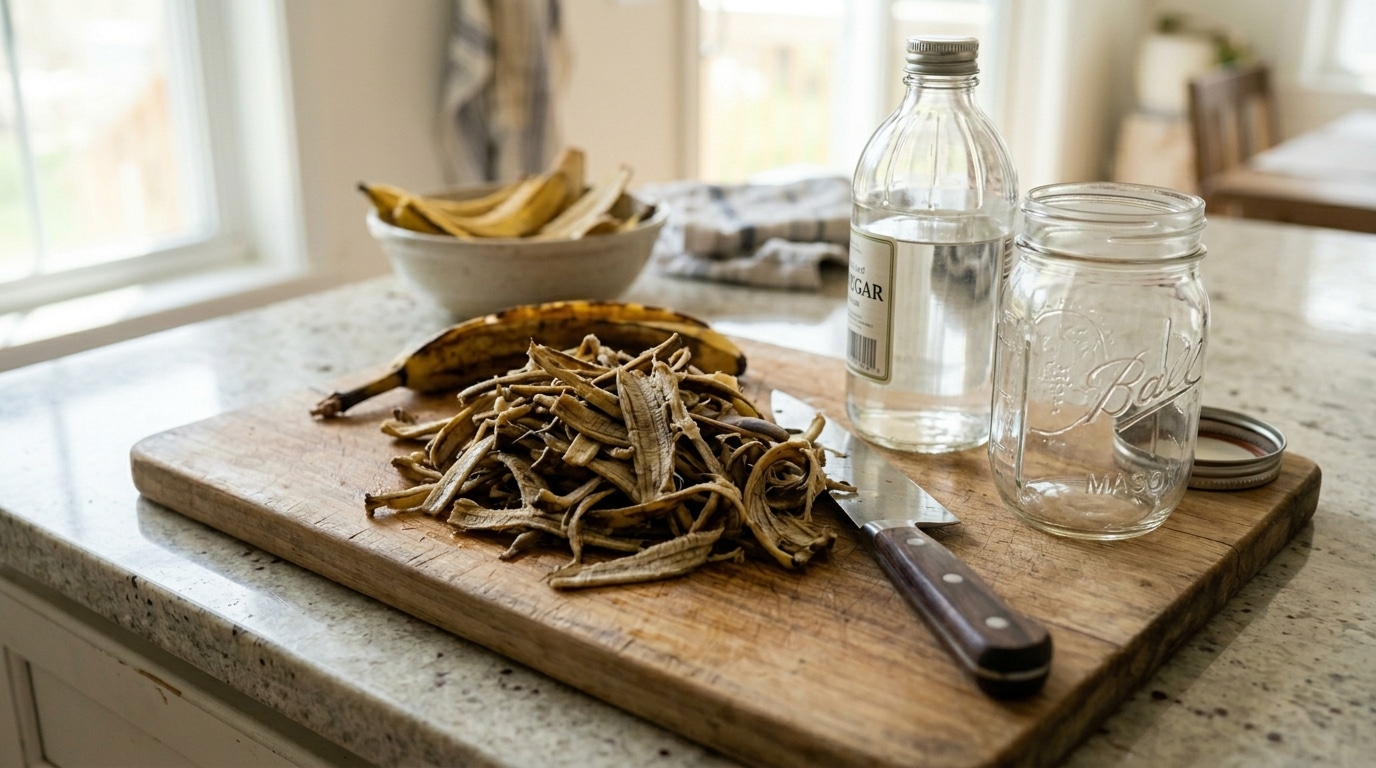 Uma tábua de cortar de madeira com uma pilha de cascas de banana picadas em tiras. Ao lado, uma garrafa de vinagre e um frasco de vidro vazio, prontos para a preparação de fertilizante caseiro. No fundo, cascas inteiras em uma tigela.