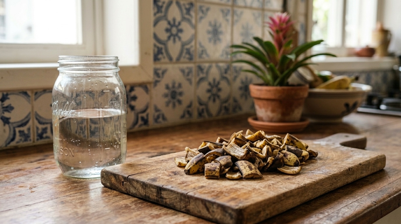 Tábua de corte rústica de madeira sobre uma bancada de cozinha, contendo uma pilha de cascas de banana picadas em pequenos quadrados. Ao lado esquerdo, um pote de vidro grande estilo "mason jar" preenchido com água transparente.