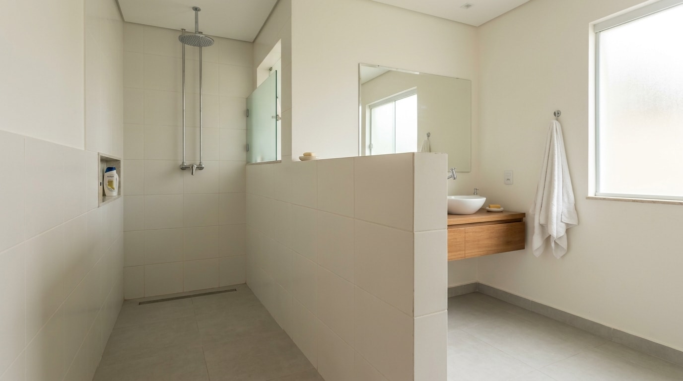 Banheiro minimalista claro com revestimento branco quadrado, ducha metálica de teto em área de banho delimitada por uma mureta e bancada de madeira à direita.