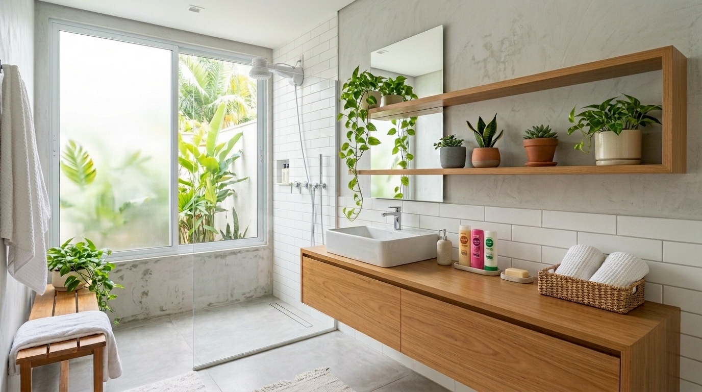 Banheiro claro e moderno com prateleiras de madeira decoradas com plantas pendentes como a jiboia, além de uma janela grande com vista para um jardim interno.