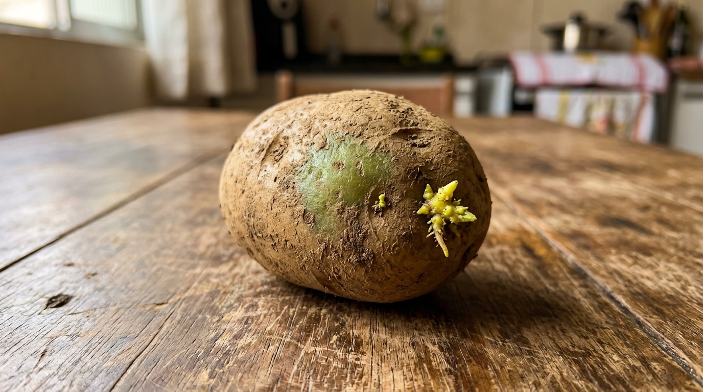 Batata crua apoiada sobre uma mesa de madeira rústica, apresentando uma grande mancha esverdeada na casca e um pequeno broto amarelado crescendo em uma das extremidades.