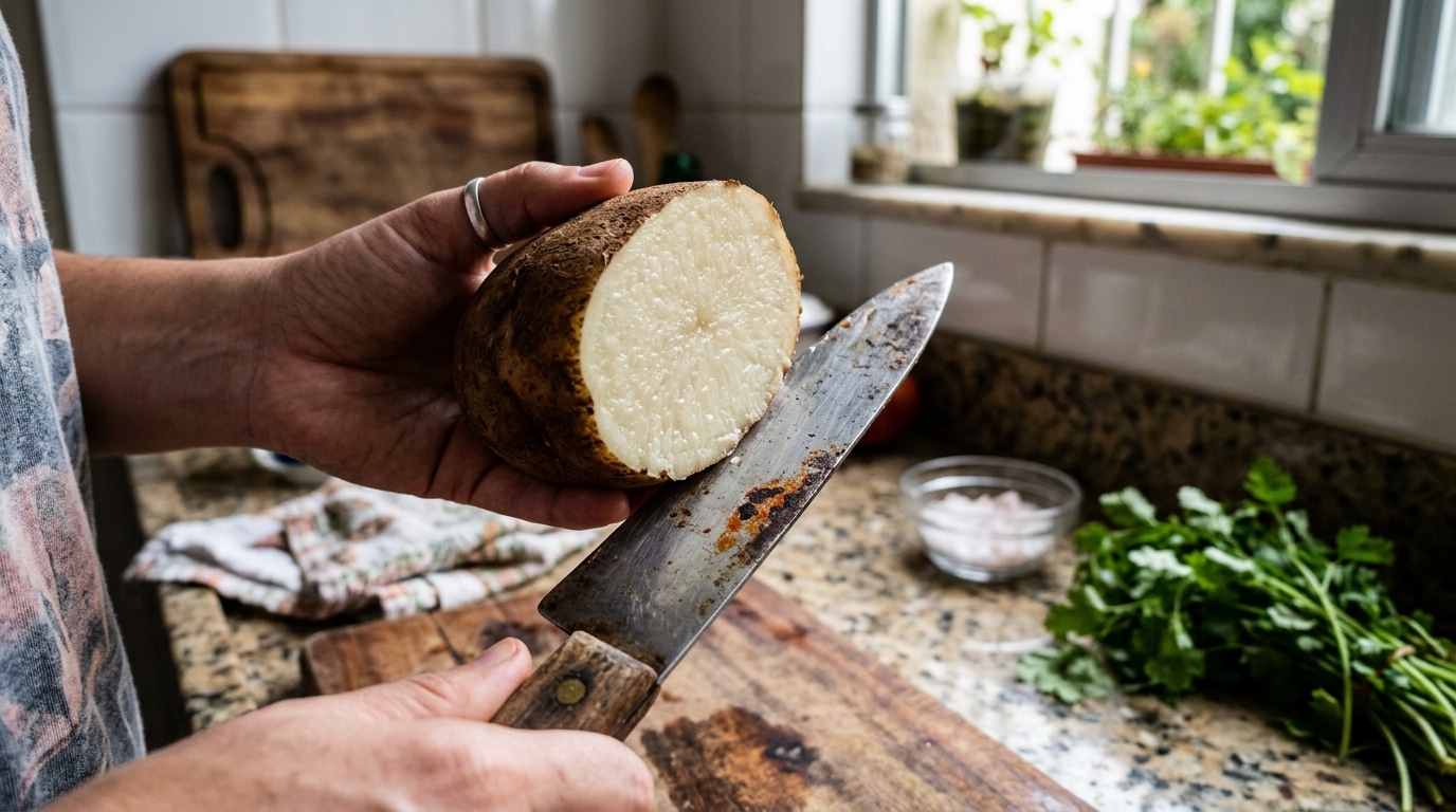 Mãos segurando uma batata cortada ao meio e uma faca com pontos de ferrugem, com um pequeno pote de sal ao fundo na bancada.