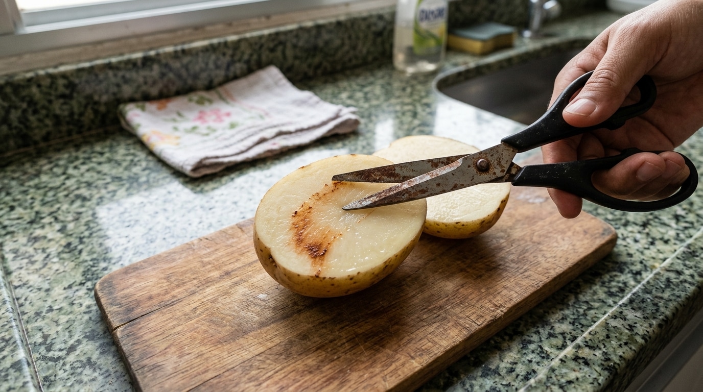 Tesoura de metal enferrujada cortando a metade de uma batata crua sobre uma tábua de madeira, com manchas de ferrugem evidentes transferidas para a batata.