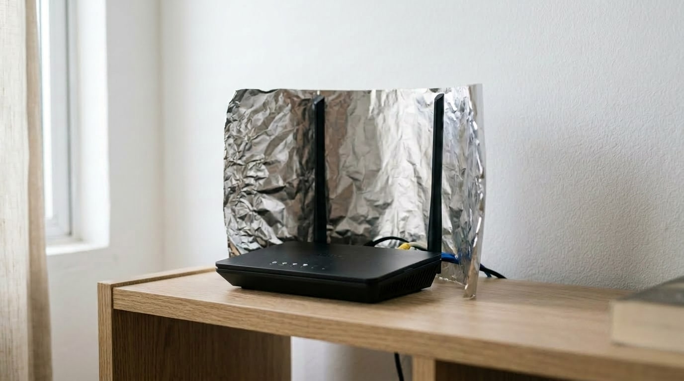 Um roteador Wi-Fi preto com duas antenas sobre uma prateleira de madeira, com um pedaço de papel alumínio amassado colocado atrás como refletor.