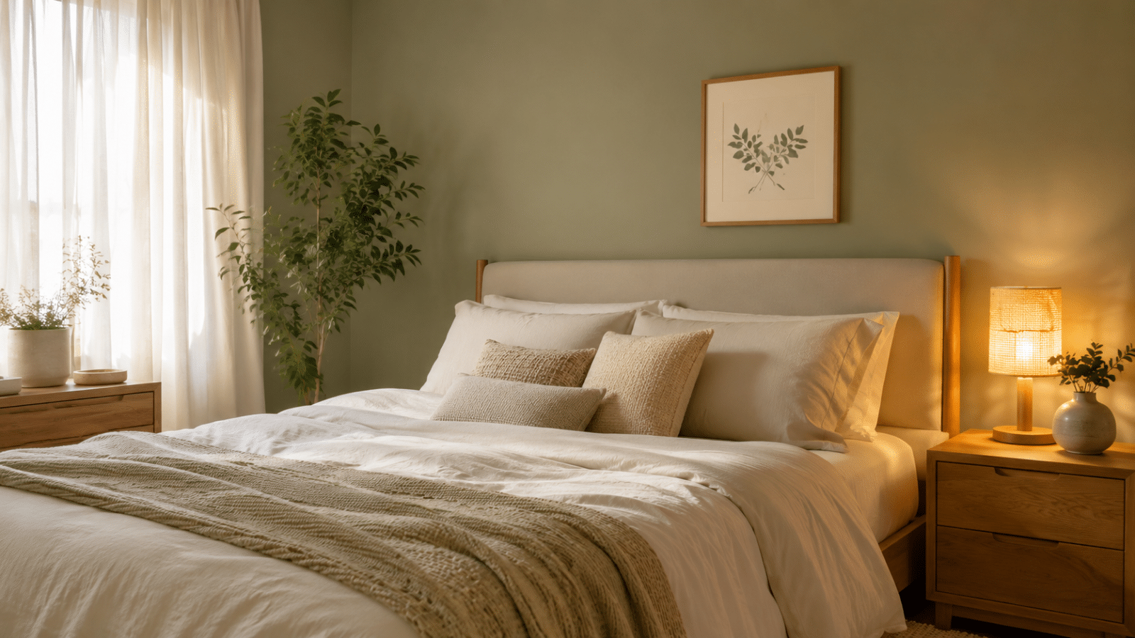Quarto acolhedor com parede verde sálvia, roupa de cama clara e iluminação quente para uma sensação de calma e conforto.