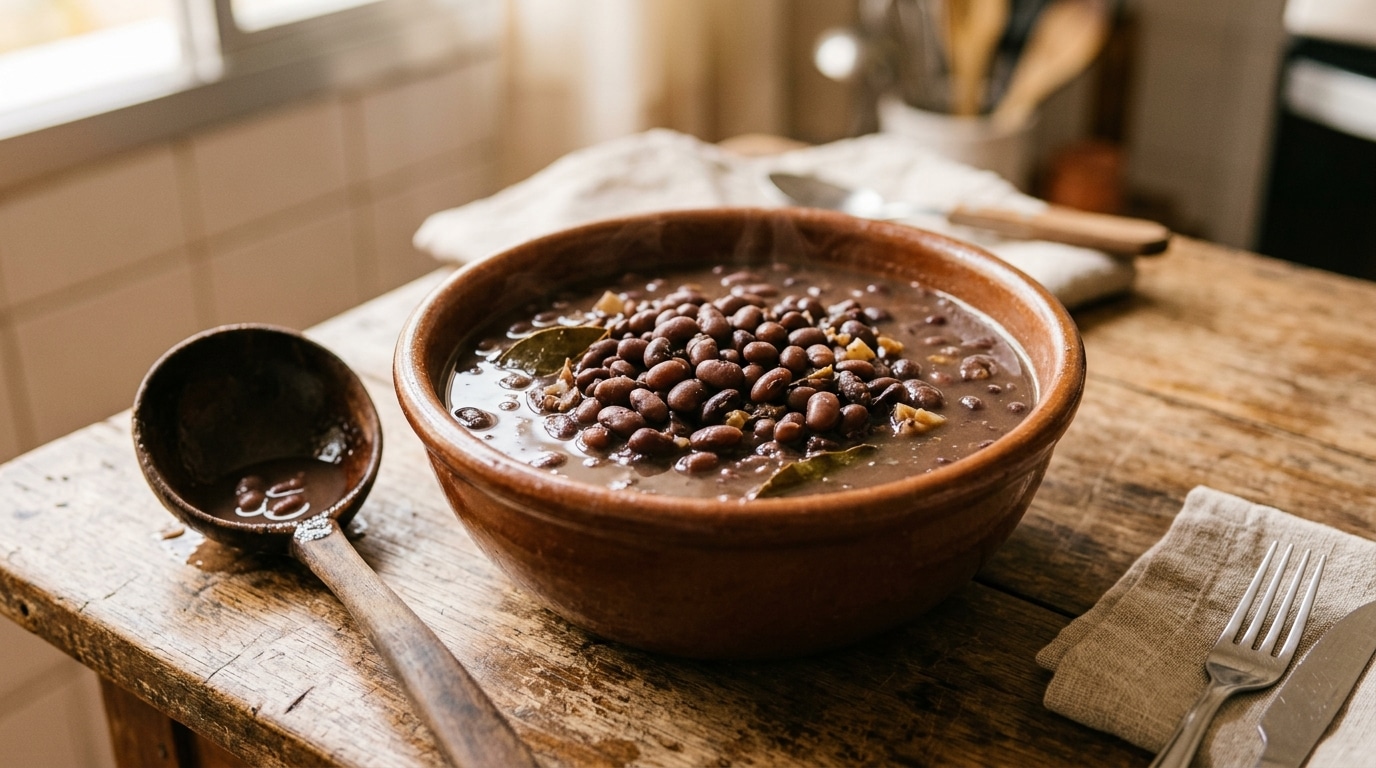 Tigela rústica de cerâmica cheia de feijão carioca recém-cozido com um caldo grosso, escuro e fumegante, acompanhada de uma concha sobre uma mesa de madeira.