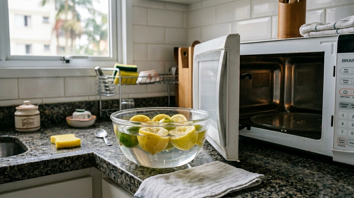 Tigela de vidro transparente contendo água e metades de limão espremido sobre uma bancada de granito na cozinha. Logo ao lado, um micro-ondas branco com a porta aberta aguardando a higienização. Uma esponja amarela e um pano de prato completam a cena.