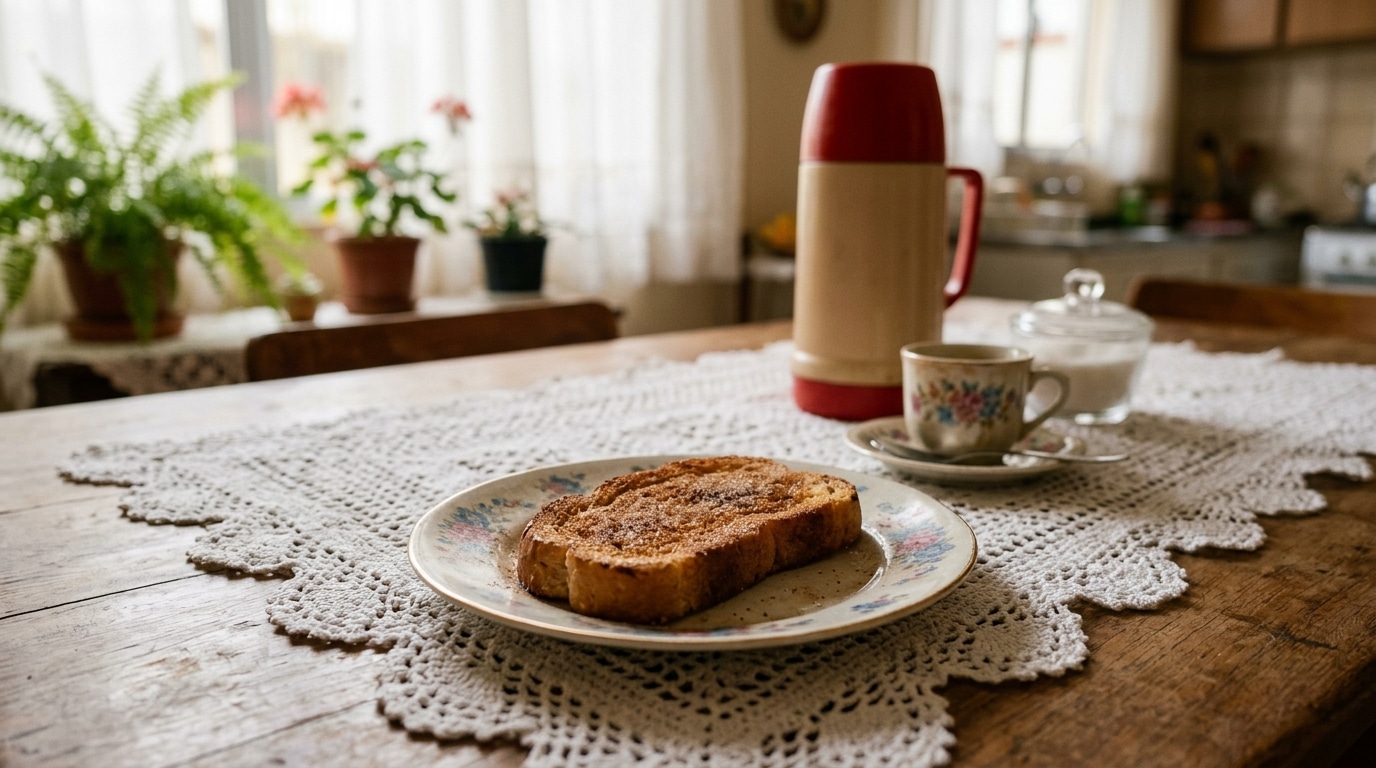 Mesa de madeira rústica forrada com uma toalha de renda branca. No centro, um prato claro com uma fatia de pão torrado com canela e açúcar. Ao fundo, uma garrafa térmica vermelha e bege, uma xícara de café e plantas desfocadas perto da janela.